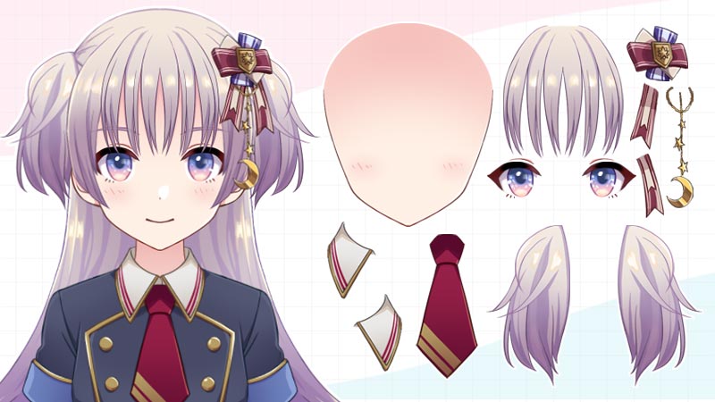 완성된 2D 캐릭터와 얼굴, 눈, 머리카락, 의상 파츠가 나뉘어 보이는 Live2D Cubism 공식 이미지